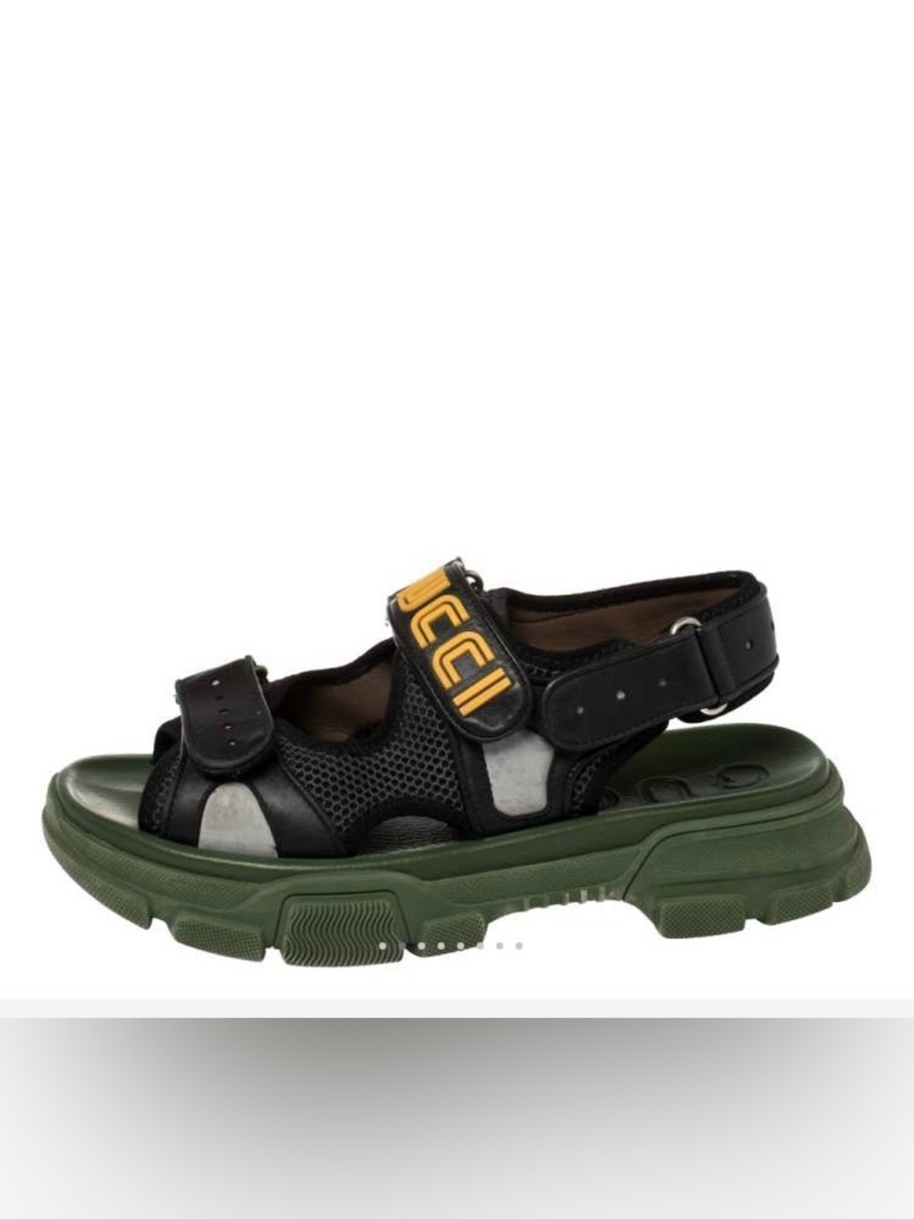 Gucci x Sega Aguru Black, Olive Green & Yellow Mesh Logo Platform Sandal